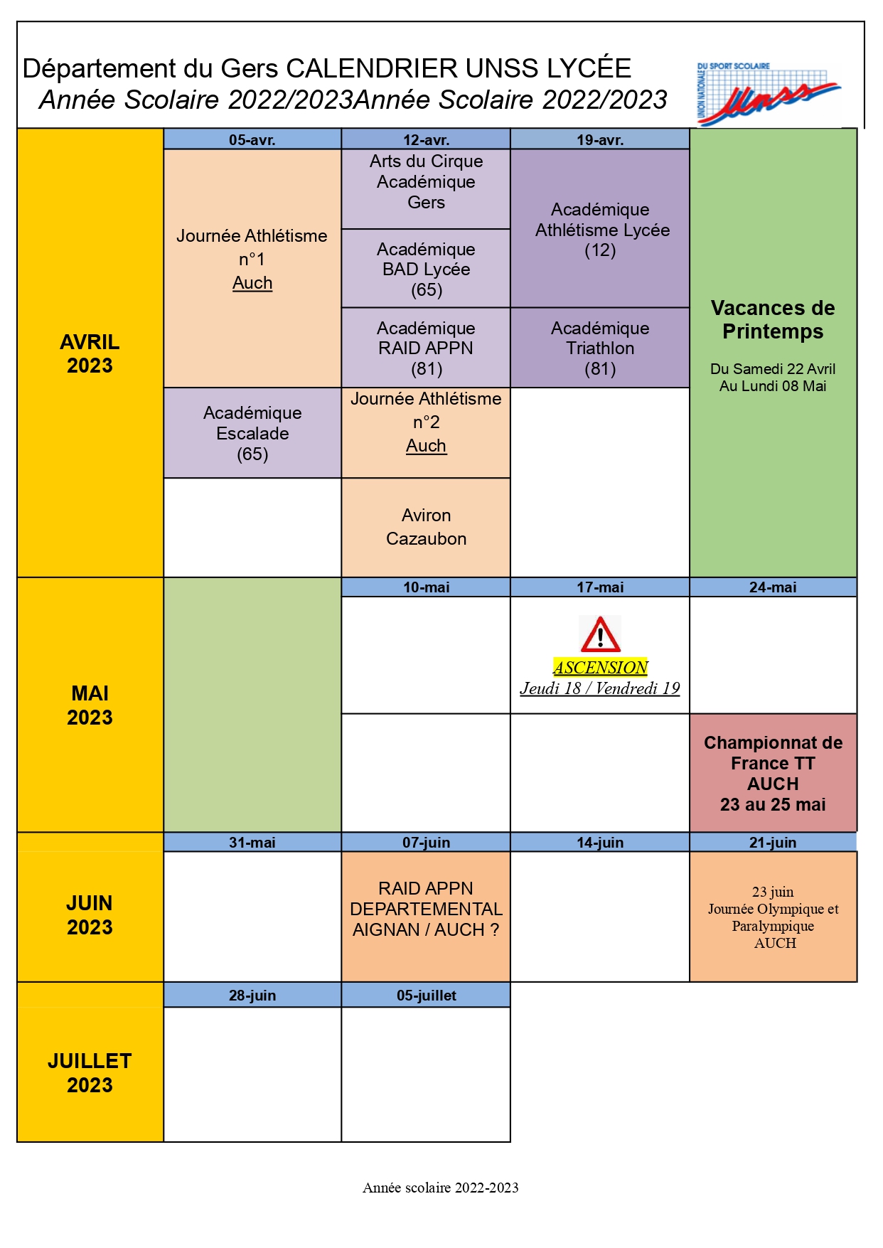 Calendrier 2022-2023 de l'UNSS - L'association sportive (UNSS) - LYCEE