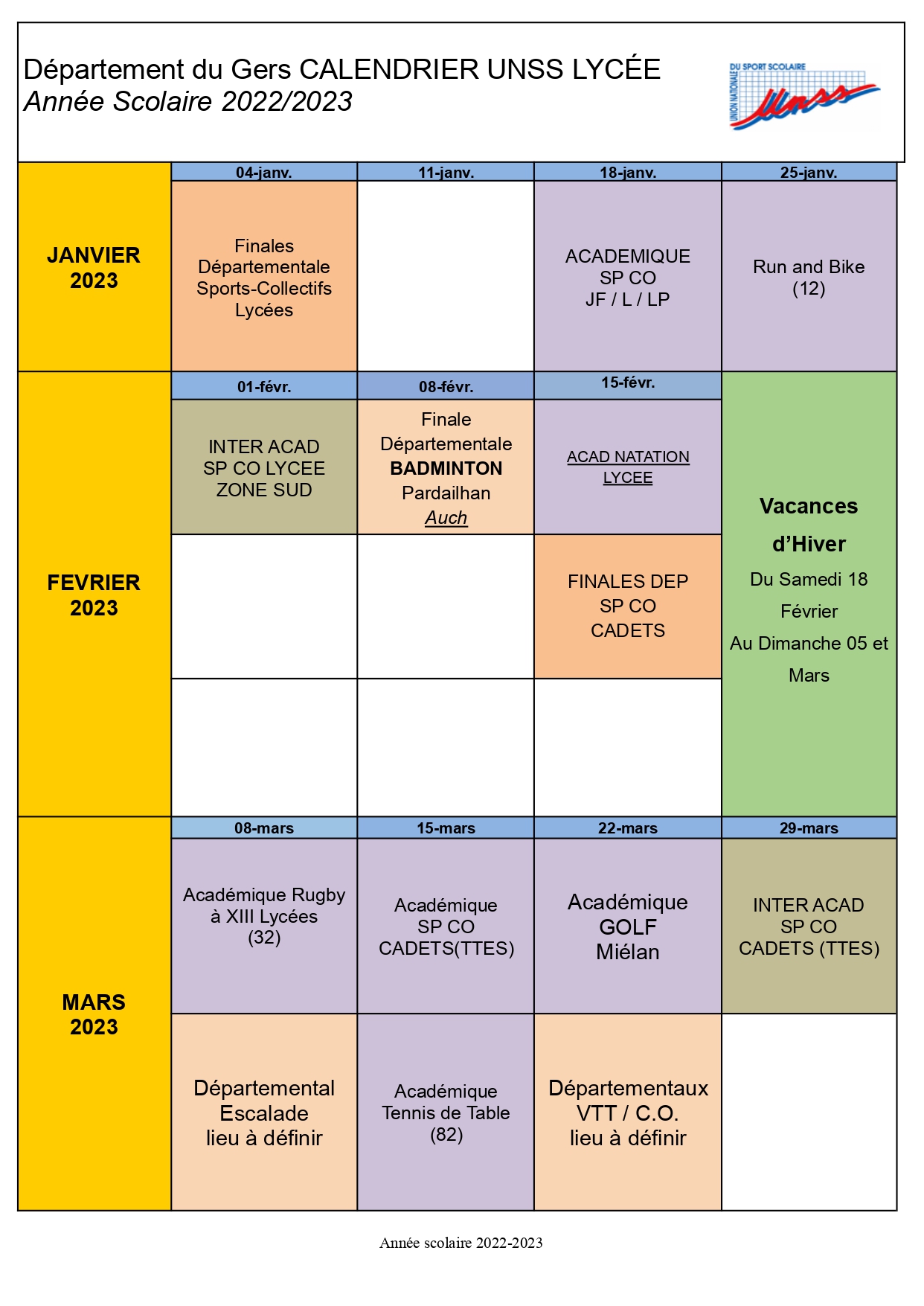 Calendrier 2022-2023 de l'UNSS - L'association sportive (UNSS) - LYCEE