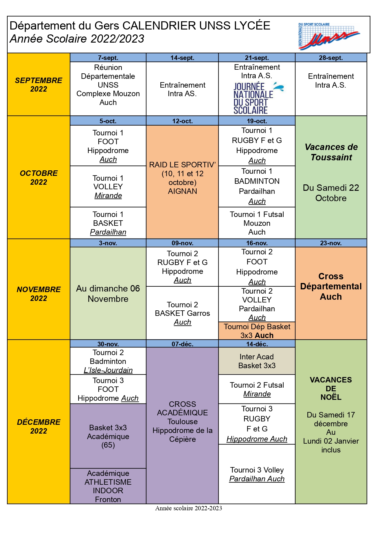 Calendrier 2022-2023 de l'UNSS - L'association sportive (UNSS) - LYCEE